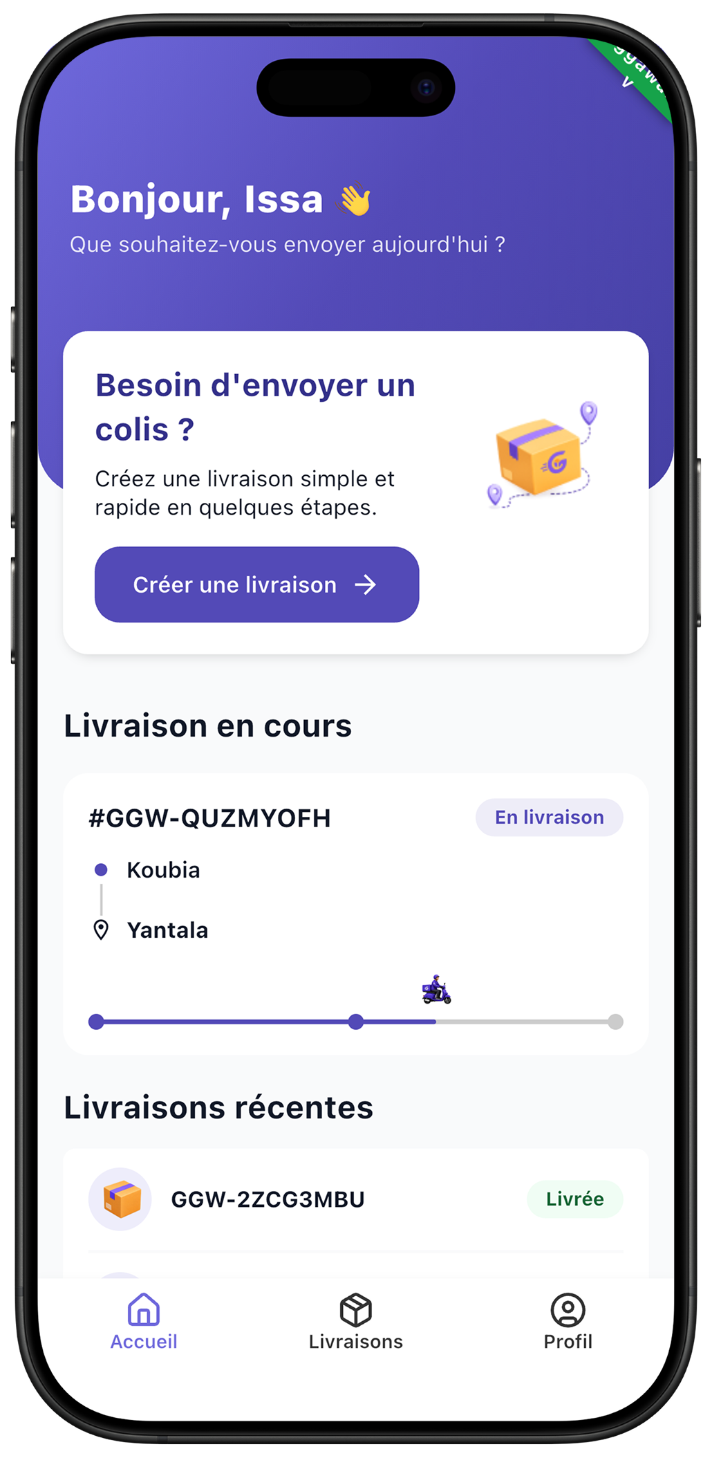 Écran d’accueil de l’application Gaggawa